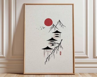 Minimalistische Japanische Pagode Art Print, Zen Rote Sonne Wandposter, Japanische Tusche Linie Kunst
