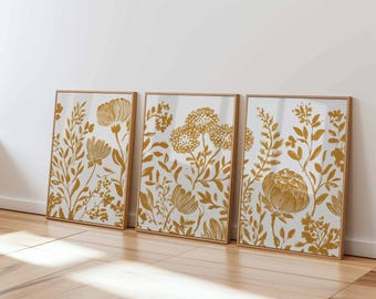 Mustard Floral Print Set, Minimal Line Art, Scandinavian Wall Decor