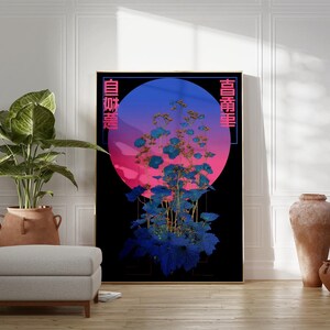 May include: A framed art print featuring a stylized floral arrangement in shades of blue against a gradient pink and blue circle on a black background. The print includes Japanese characters. The artwork is displayed in a room with a plant, ottoman, and decorative vases.