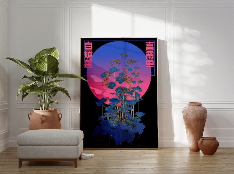 May include: A framed art print featuring a stylized floral arrangement in shades of blue against a gradient pink and blue circle on a black background. The print includes Japanese characters. The artwork is displayed in a room with a plant, ottoman, and decorative vases.