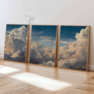 Juego de 3 impresiones de arte de pared con nubes para dormitorio, pósteres de nubes blancas y cielo beige, decoración vintage para el hogar, juego de 3 pósteres grandes, decoración de dormitorio