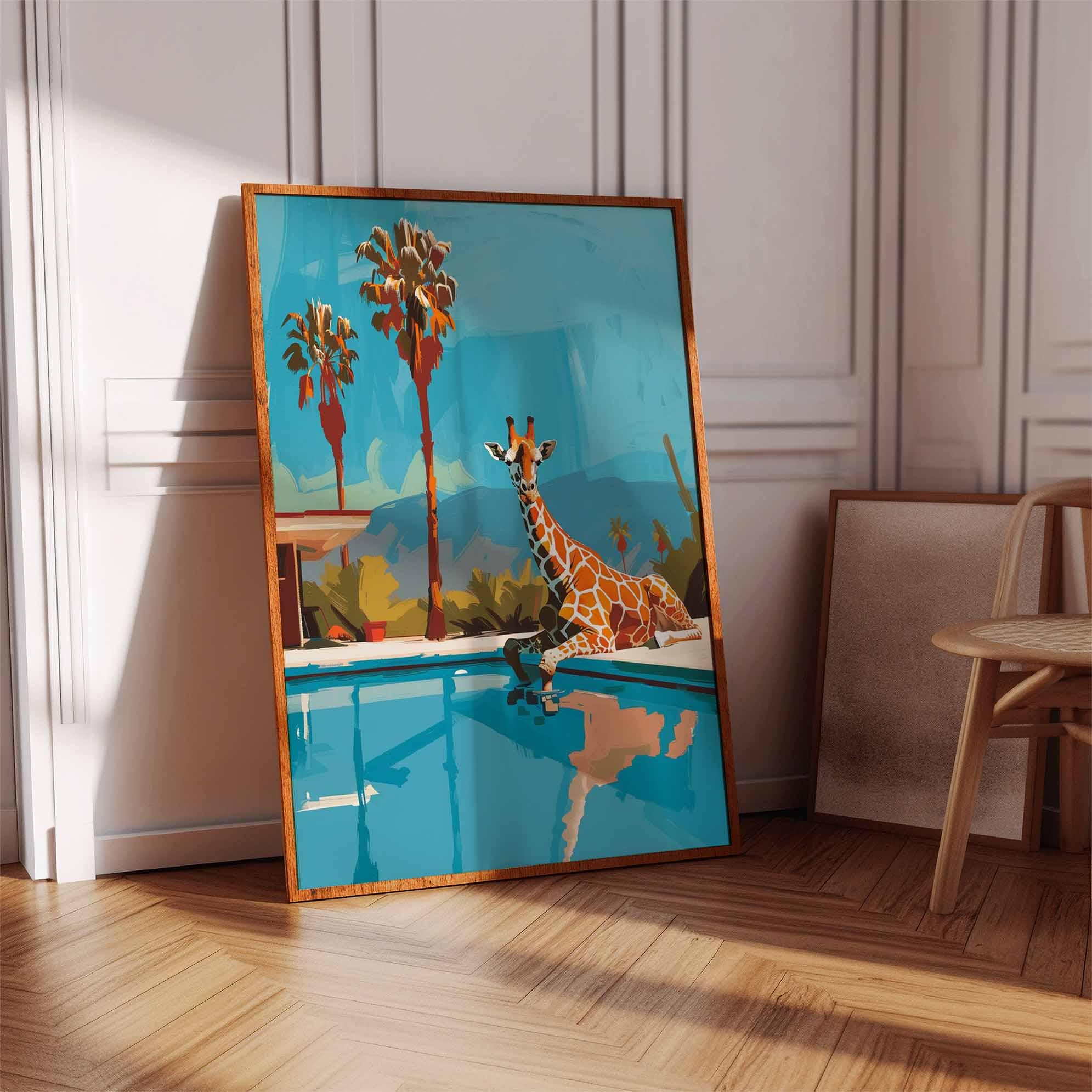 シム・シメール、【AFTERNOON GIRAFES】、希少な額装用画集より Pop Art Giraffe Poolside Print, Mid Century Modern Palm Springs