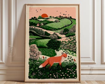Fox Countryside Poster, Green Hedgerow Art, Linocut Nature Print