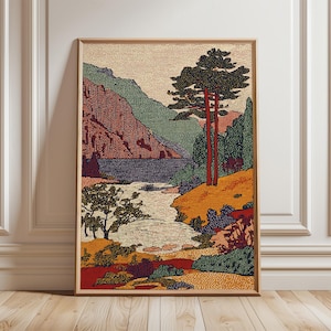 Plakat z krajobrazem w stylu vintage, retro malowniczy obraz ścienny z górami i rzeką, plakat w ciepłych odcieniach ziemi, klasyczny wystrój domu w stylu natury