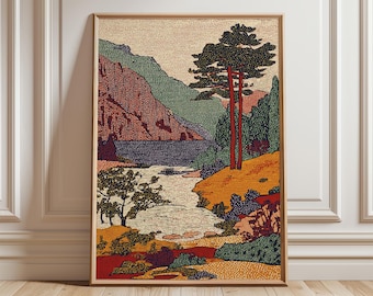 Vintage Landscape Art Print, Retro Scenic Wall Art with Mountains and River, Warm Earth Tone Poster, Classic Nature Home Decor