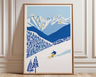 Skiing Wall Art Print, Alpine Mountain Poster, Winter Sports Wall Decor, Blue Snow Landscape Ski Poster, Alpine Mountain Wall Decor