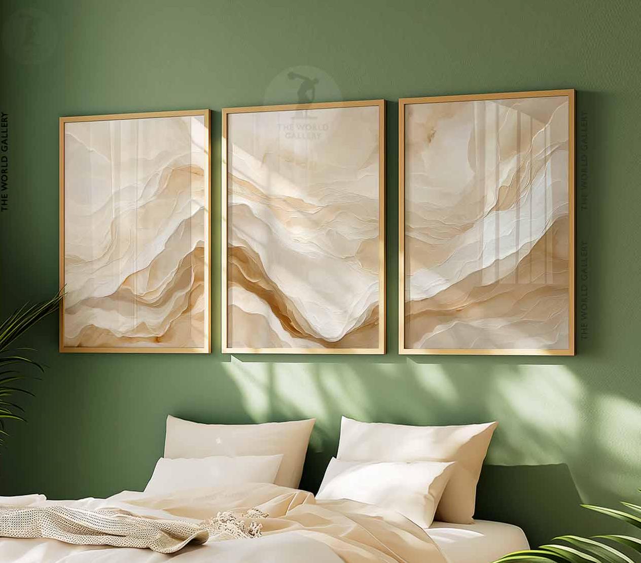 Da Ree 現代アート Be happy 洋室にも合う掛軸 Set of 3 Neutral Abstract Prints, Minimalist Wall Art, Beige