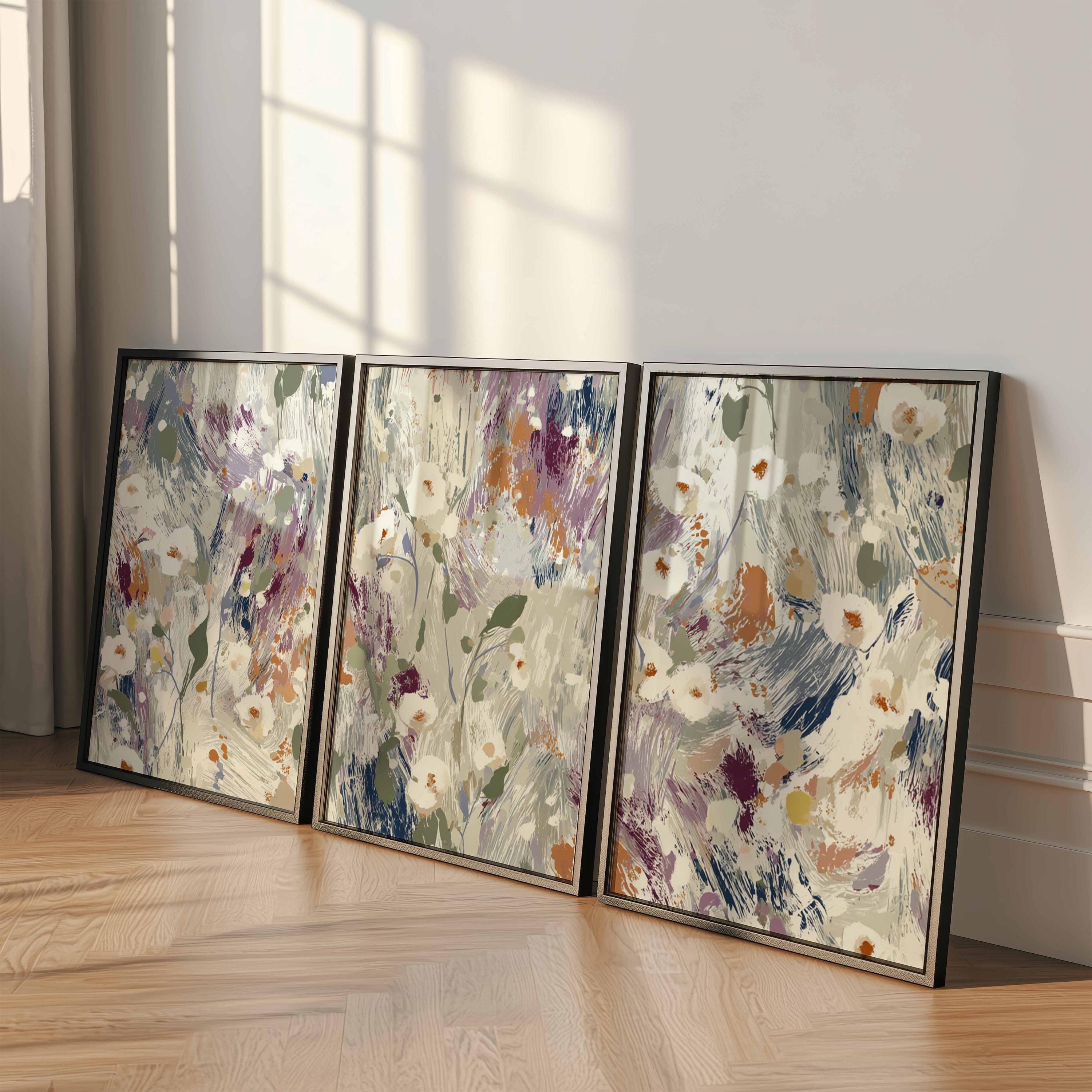 Abstract Floral Wall Art Set of 3, Brushstroke Flower Prints, Modern ...
