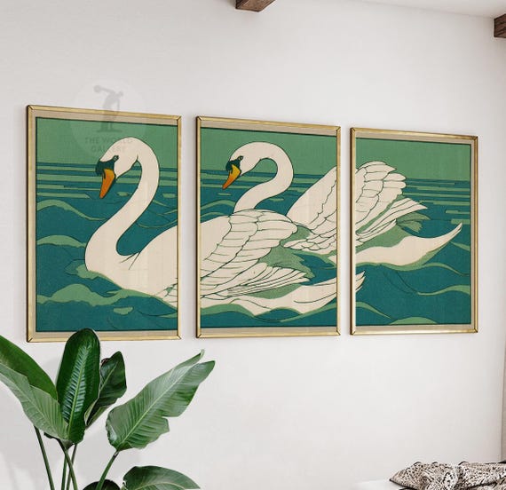 Japanese Swan Print Set | Teal Lake, Minimalist Wall Art - Etsy