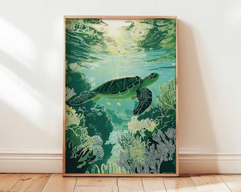Sea Turtle Print, Ocean Blues, Coastal Wall Art