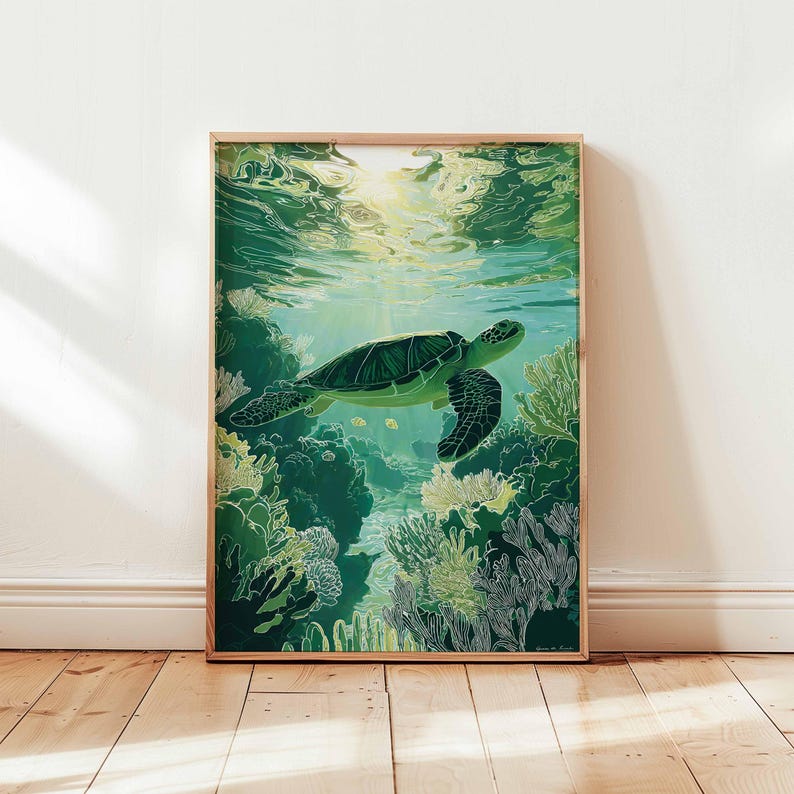 May include: A framed art print featuring a sea turtle swimming in a vibrant underwater scene. The artwork showcases a green turtle amidst coral reefs, with sunlight filtering through the water. The color palette includes shades of green, blue, and yellow.