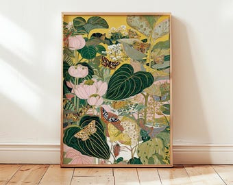 Butterfly Jungle Art Print, Tropical Botanical Wall Poster, Colorful Nature Illustration, Vibrant Home Decor