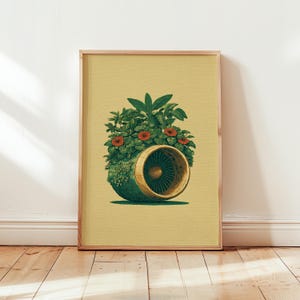 Könnte beinhalten: Ein gerahmter Kunstdruck mit einer stilisierten Illustration eines grünen und goldenen Turbinentriebwerks mit üppigem Grün und roten Blumen. Das Kunstwerk ist vor einem hellgelben Hintergrund platziert und erzeugt einen auffälligen Kontrast.