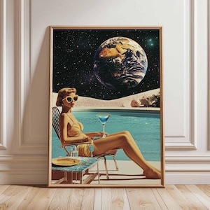Póster retro de ciencia ficción, decoración cósmica surrealista de los años 70, póster espacial futurista, impresión de paisaje vintage, obra de arte espacial para dormitorio y sala de estar.