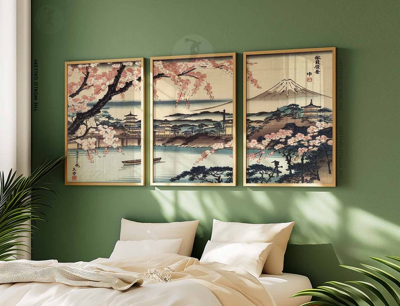 Set of 3 Japanese Floral Posters, Gold Japanese Prints, Botanical Wall
