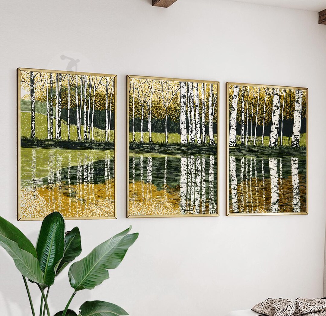 Birch Tree Forest Wall Art Set of 3 | Autumn Landscape Prints | Golden ...