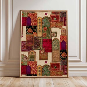 Könnte beinhalten: Ein gerahmtes Kunstwerk mit einer Collage aus gemusterten Teppichdesigns in verschiedenen Formen und Größen. Das Kunstwerk zeigt eine Palette aus roten, grünen und goldenen Farbtönen mit floralen und geometrischen Motiven. Das Kunstwerk wird auf einem hellbeigen Hintergrund angezeigt.