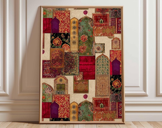 Persian Rug Wall Art Print, Bohemian Tapestry Poster, Vintage Oriental Carpet Collage, Colorful Boho Home Decor, Middle Eastern Artwork