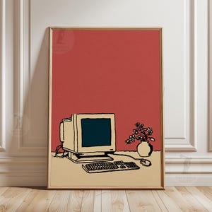 Retro Computer Poster | Vintage Tech Art | Minimal Desk Illustration (Office Decor)