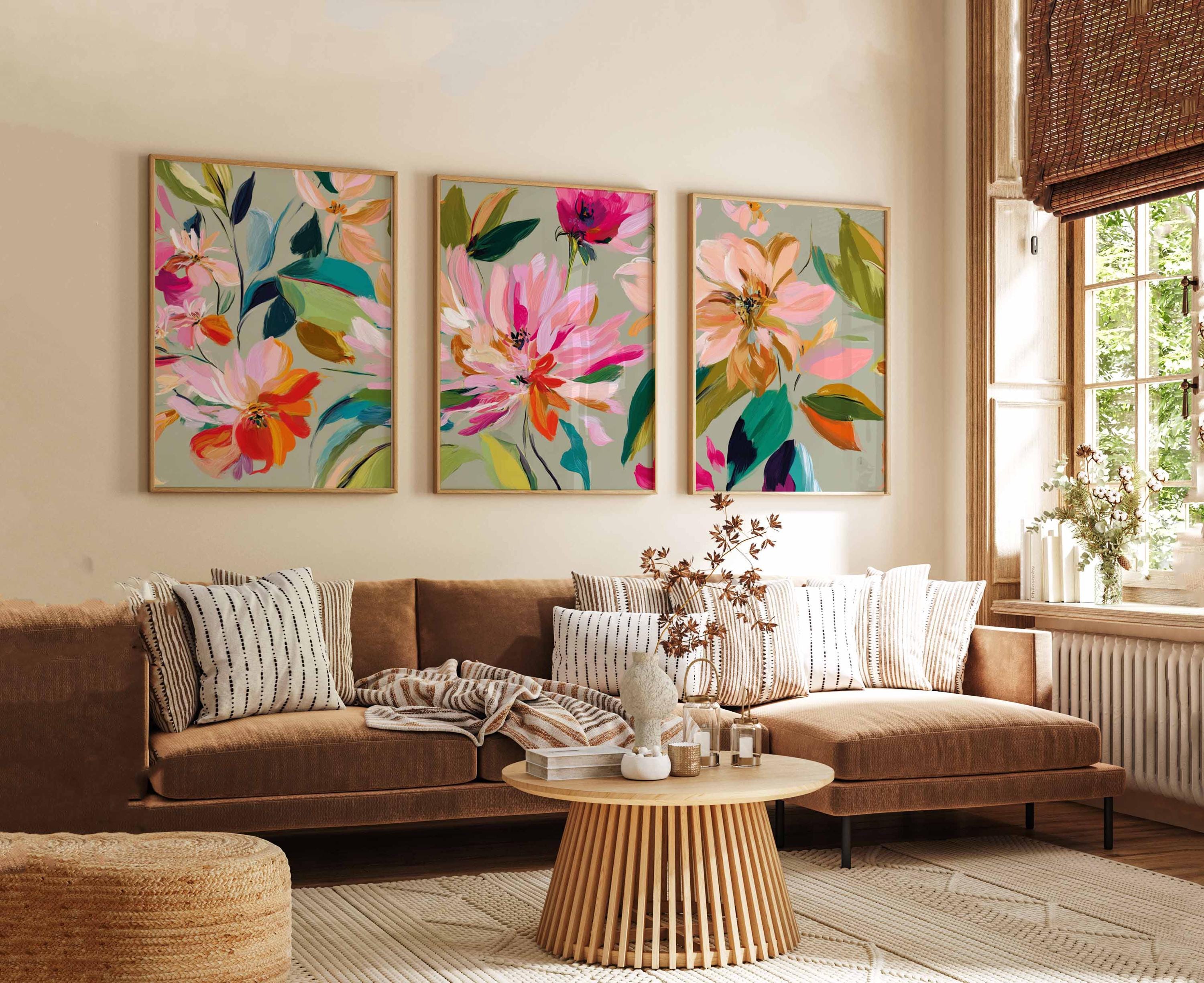 Abstract Floral Wall Art Set of 3, Colorful Modern Flower Poster