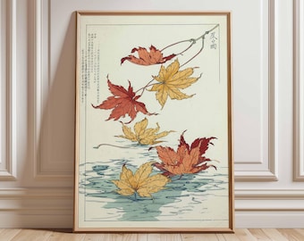 Vintage Japanese Woodblock Print, Autumn Maple Leaf Ukiyo-e Art