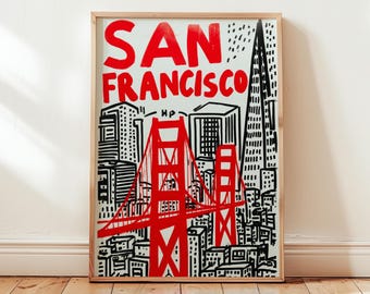 San Francisco Graffiti Art Print, Red Cityscape, Urban Home Decor