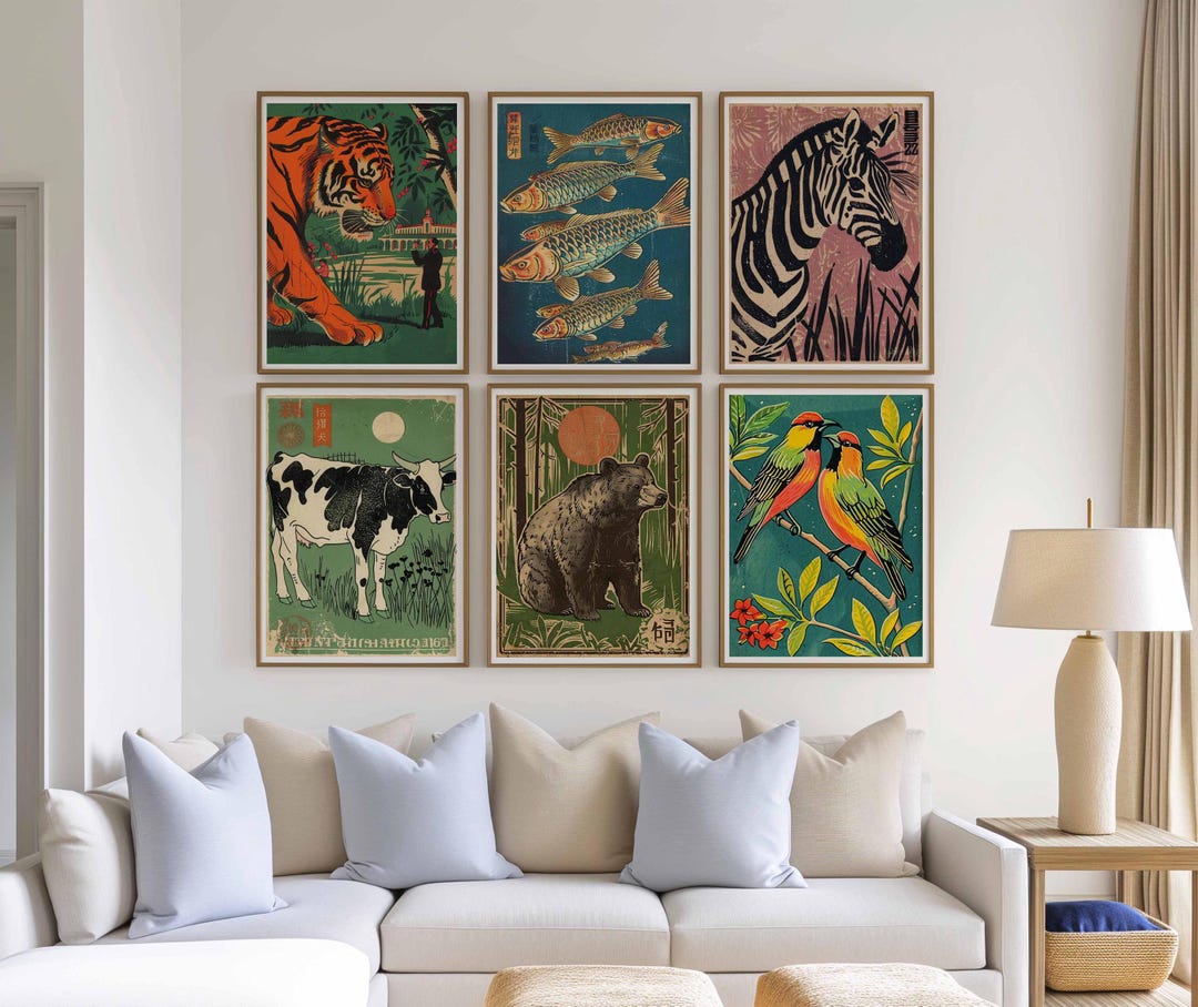 Set of 6 Japanese Vintage Animal Prints, Retro Matchbox-style Wall Art ...
