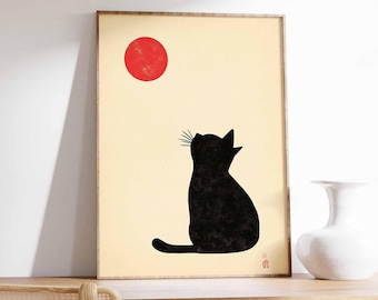 Svart kattkonsttryck, japansk röd sol, minimalistisk zendekor