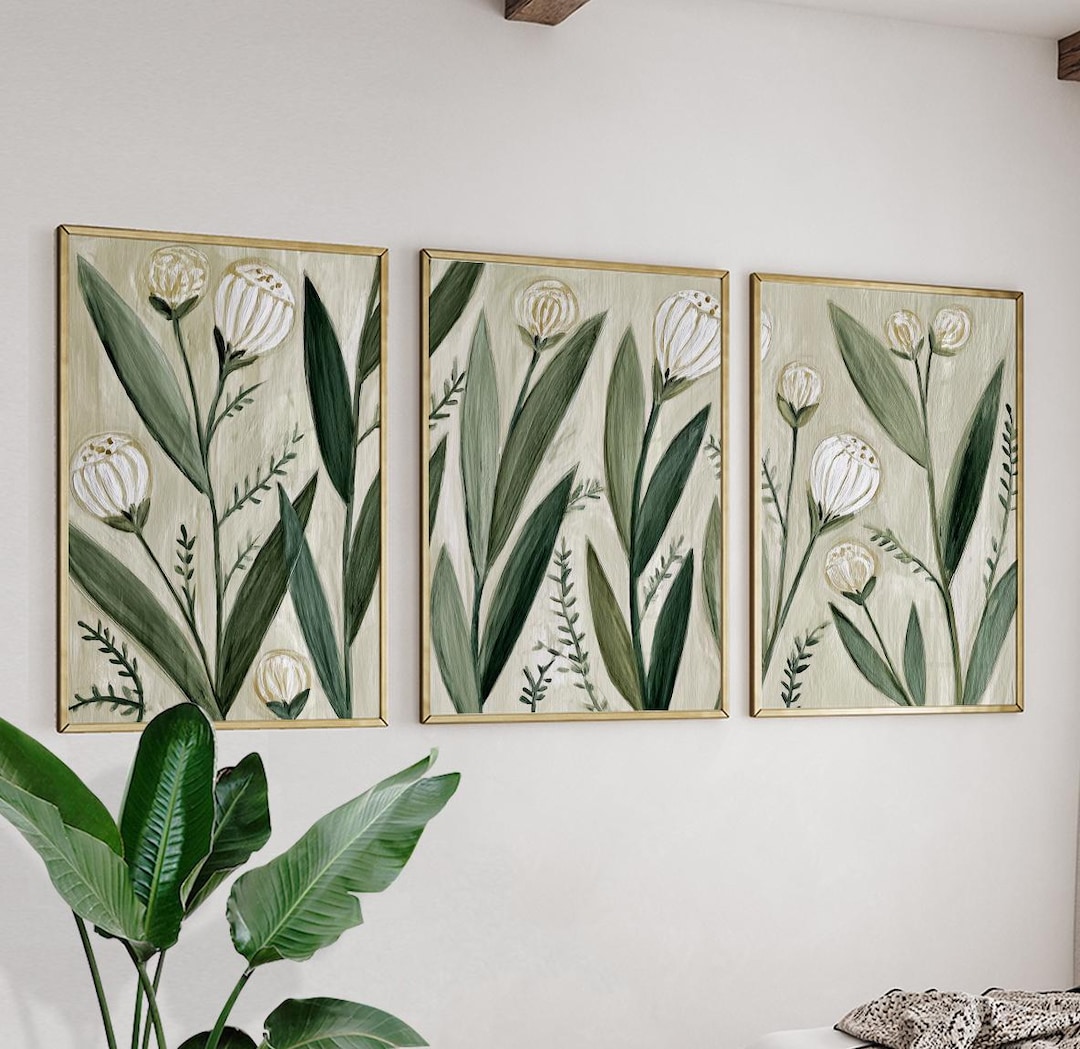 Botanical Floral Posters | Sage Green Neutral Wall Art | Set of 3 ...