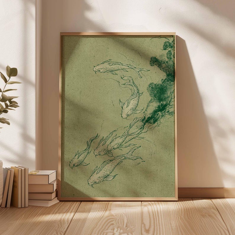 May include: A framed art print featuring a school of koi fish swimming in a flowing pattern. The artwork is rendered in a minimalist style with green ink on a textured, olive-green background. The frame is a natural wood color.
