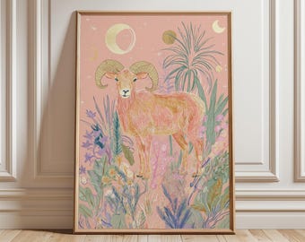 Estampado del zodíaco Aries, ilustración de carnero celestial, arte astrológico bohemio.