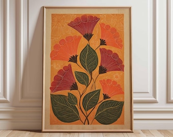 Retro Flower Wall Art, Vintage Botanical Poster, Mid Century Modern Floral Print, Bold Orange Artwork, Boho Nature Home Decor Illustration