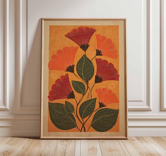 Retro Flower Wall Art, Vintage Botanical Poster, Mid Century Modern Floral Print, Bold Orange Artwork, Boho Nature Home Decor Illustration