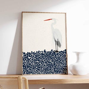 Impresión artística de garceta nívea, impresión artística minimalista de garza, póster de aves costeras, arte de pared de garceta moderna, decoración de vida silvestre náutica, decoración escandinava