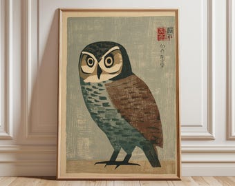 Japanse uilkunstdruk, vintage houtsnedestijl, modern uit het midden van de eeuw