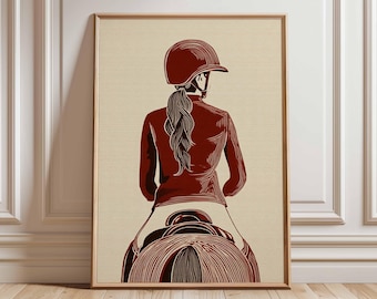 Sztuka ścienna z motywem jeździeckim, plakat z jeźdźcem konnym, wydruk z motywem jeździeckim w stylu vintage, ilustracja jeździecka, grafika z motywem jazdy konnej do wystroju domu