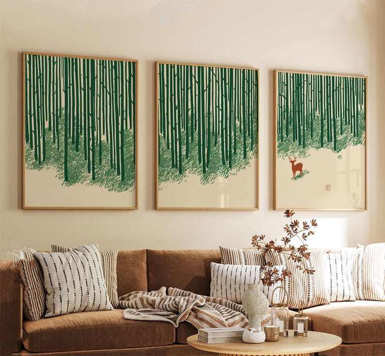 Green Forest Wall Art Print Set | Minimalist Woodland Posters | Nature ...