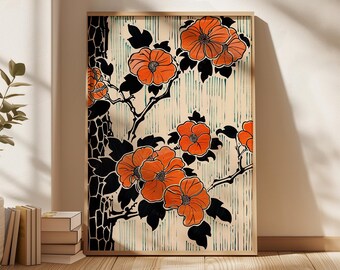Japanese Orange Blossom Poster, Modern Woodblock Print, Asian