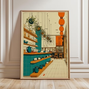 May include: A framed print depicting a tea shop interior. The artwork shows a teal counter with blue teapots and shelves with tea boxes. Hanging plants and orange lanterns add colour. The style is reminiscent of a vintage travel poster.
