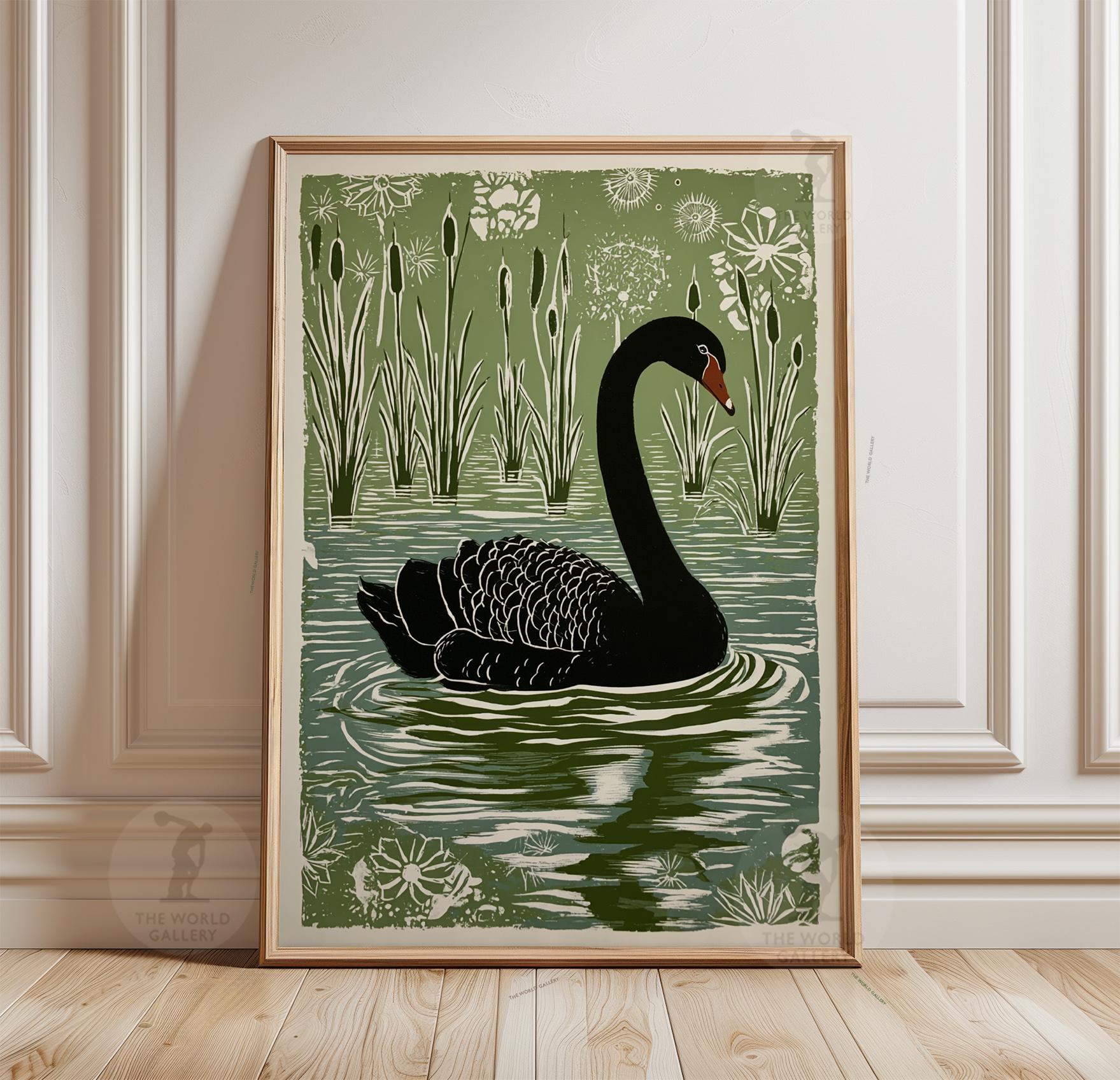 Black Swan Lake Poster | Green Linocut Style Bird Print