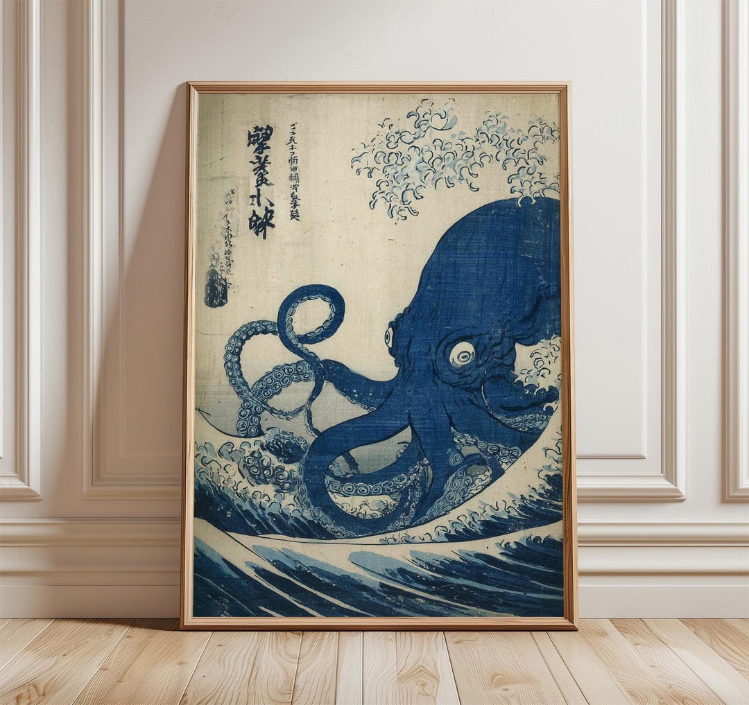 Japanese Octopus Wave Poster, Ukiyo-e Style Wall Art, Blue Sea Print ...