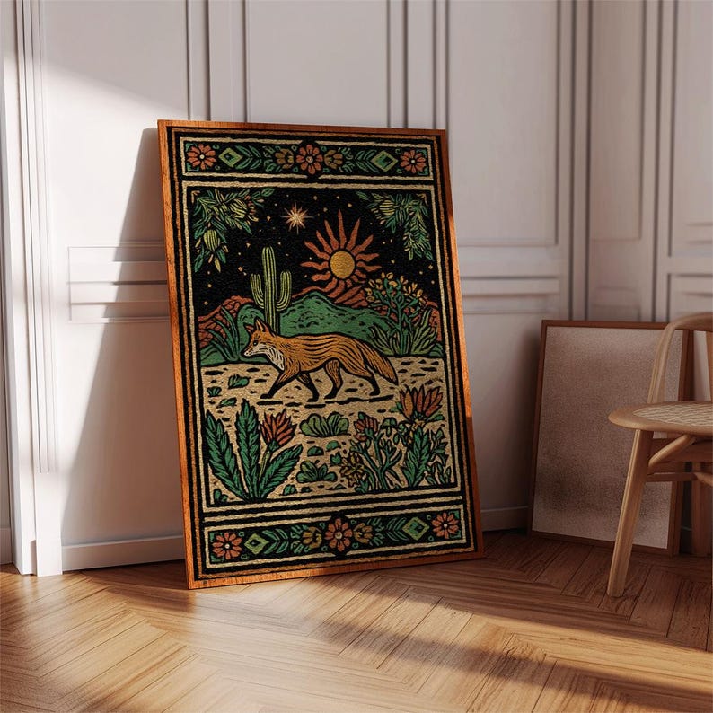 May include: A framed art print featuring a desert landscape with a fox. The artwork has a black background with a sun, cactus, and other desert plants. The fox is orange and brown, and the frame is brown.