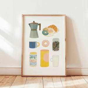 Coffee Lover Poster – Colorful Coffee Maker Wall Art Print, Barista Decor with Mugs & Espresso Machine, Cute Kitchen or Café Artwork