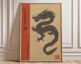Arte de parede de dragão asiático, pôster de dragão japonês, impressão de criatura mítica chinesa, arte oriental vintage, ilustração de decoração zen
