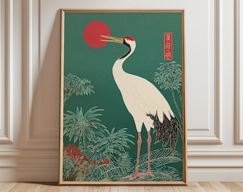Japanese Crane Art Print, Minimalist Oriental Wall Decor