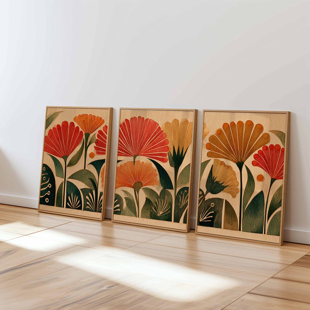 Retro Floral Wall Art Set of 3, Mid Century Modern Botanical Prints ...