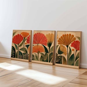 Retro Floral Wall Art Set of 3, Mid Century Modern Botanical Prints, Warm Earth Tone Flower Art for Living Room or Bedroom Decor