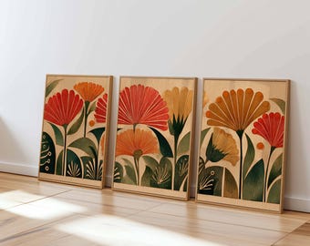 Retro Floral Wall Art Set of 3, Mid Century Modern Botanical Prints, Warm Earth Tone Flower Art for Living Room or Bedroom Decor