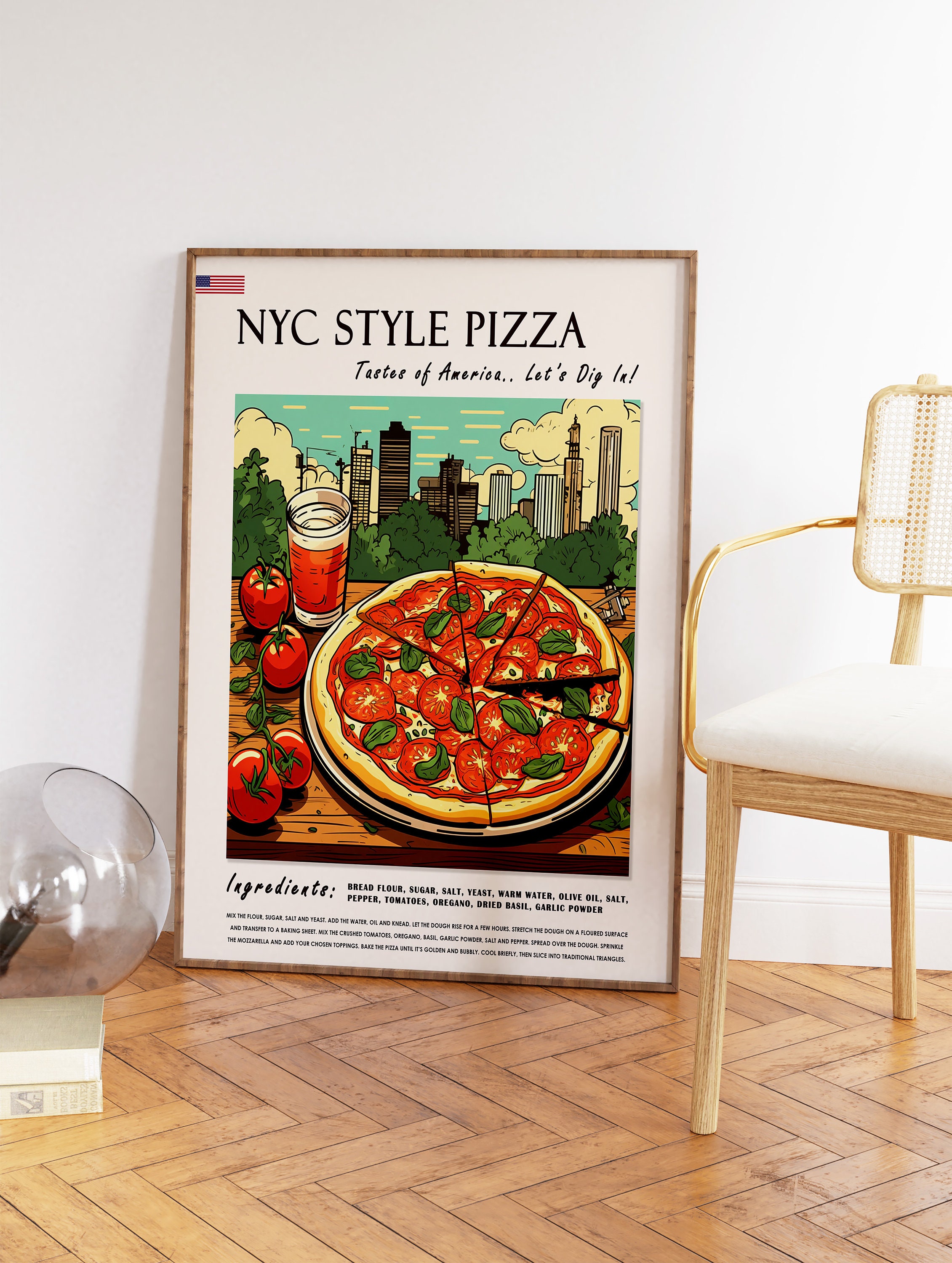 New York Style Pizza Food Poster, American Food Print, Pizza