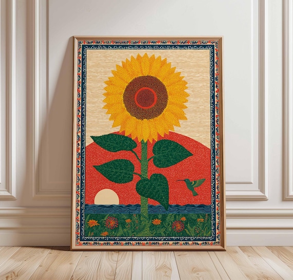 Folk Art Sunflower Poster, Retro Cottagecore Botanical Print